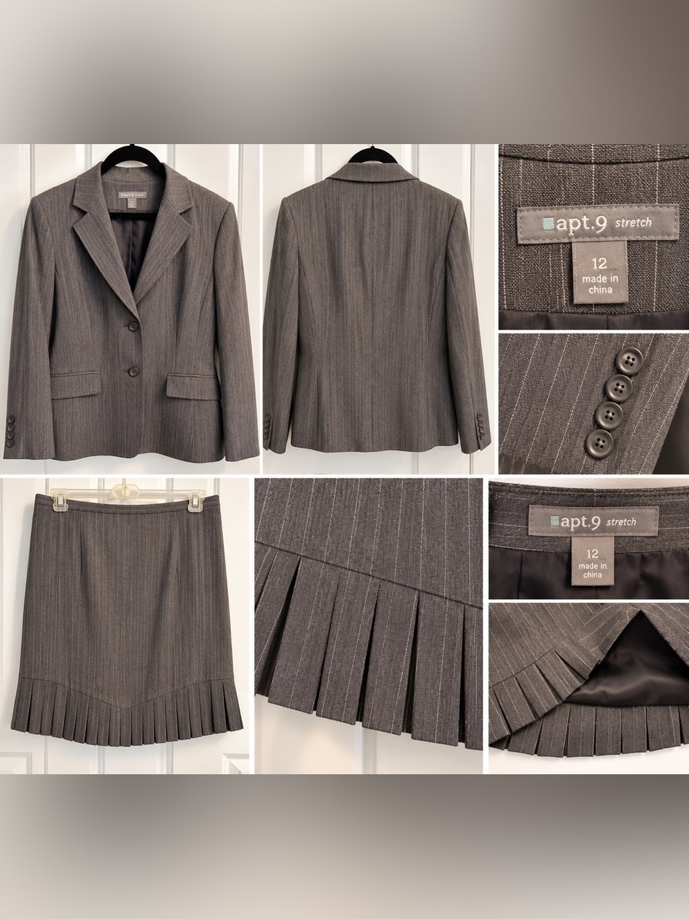 Apt. 9 Stretch Women’s Gray Pinstripe 2 Piece Skirt Suit Size 12